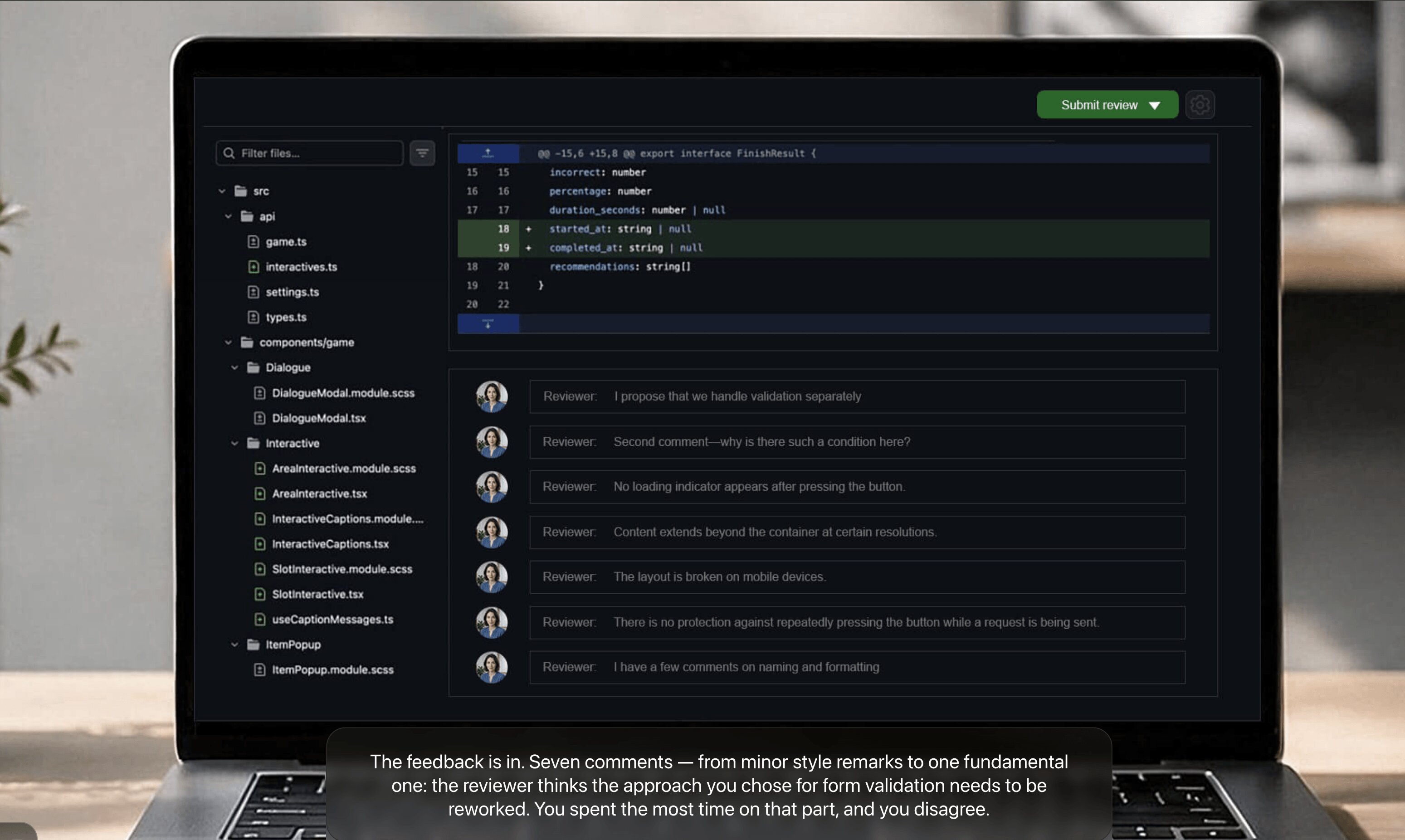 Code review screen in the simulation: seven reviewer comments on a pull request