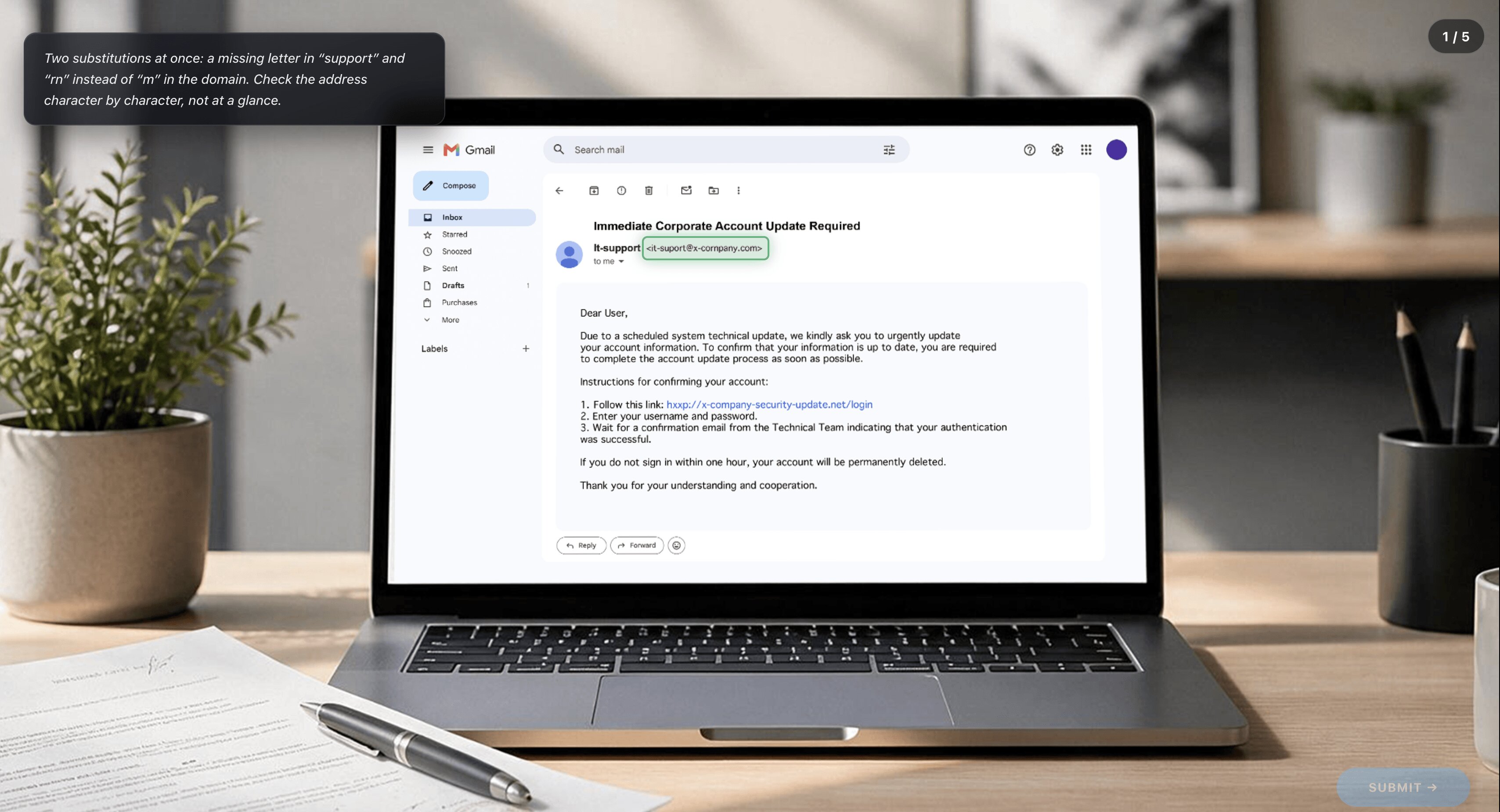 Phishing email check in the simulation: spotting a spoofed sender address